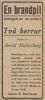 Annons för nyutkomna debutboken Två Herrar av Arvid Hallenberg, ur Svenska Dagbladet 7 Okt 1922